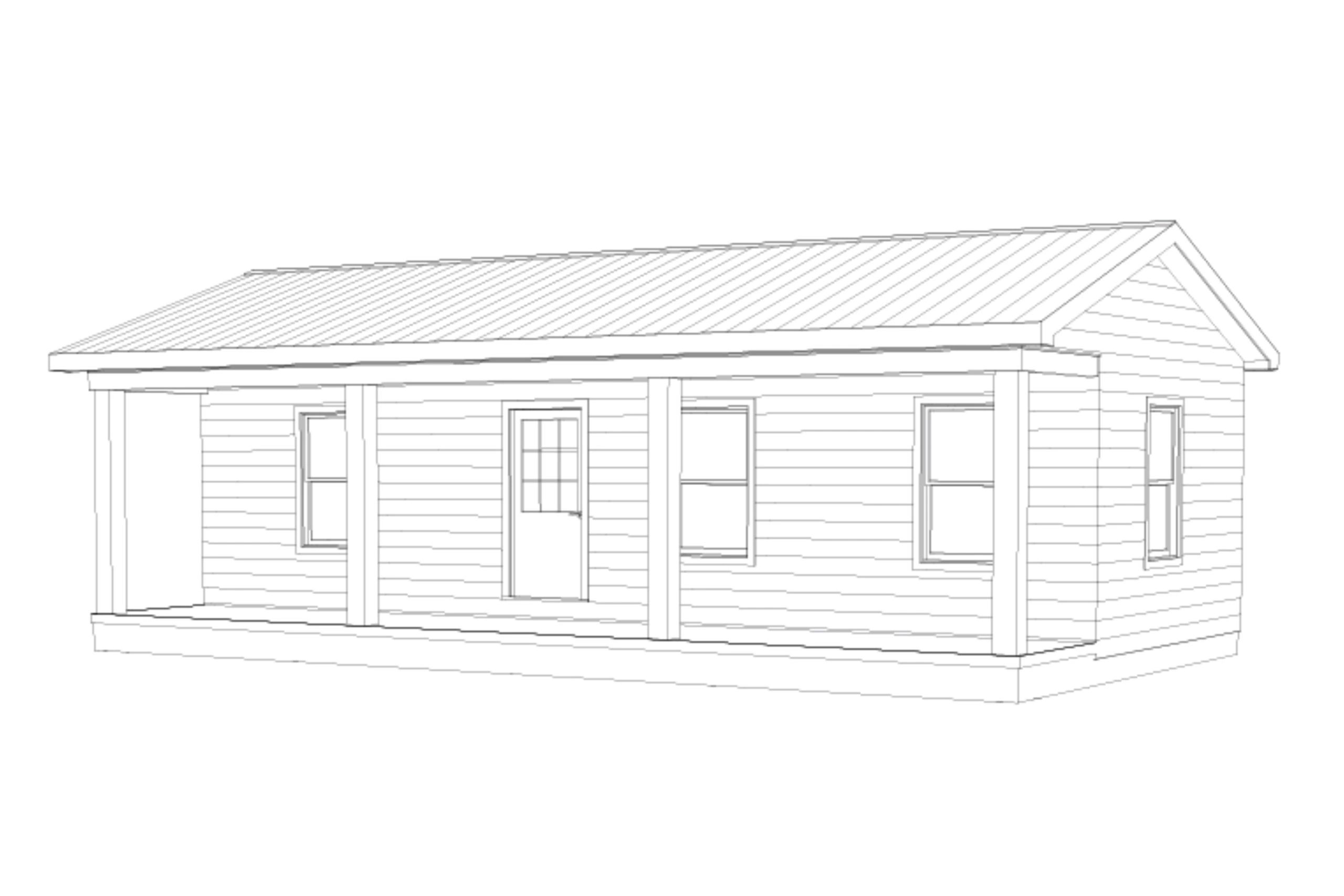 Line drawing of a small house with a front porch and a gabled roof.