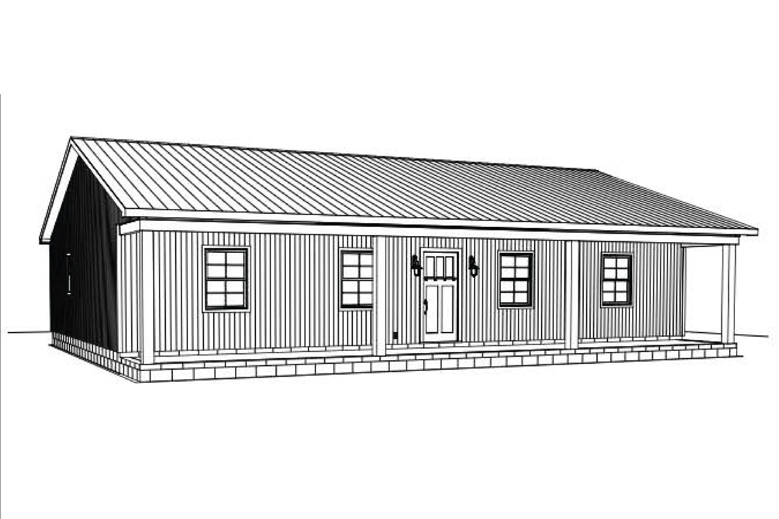 Black and white sketch of a single-story house with a pitched roof and front porch.
