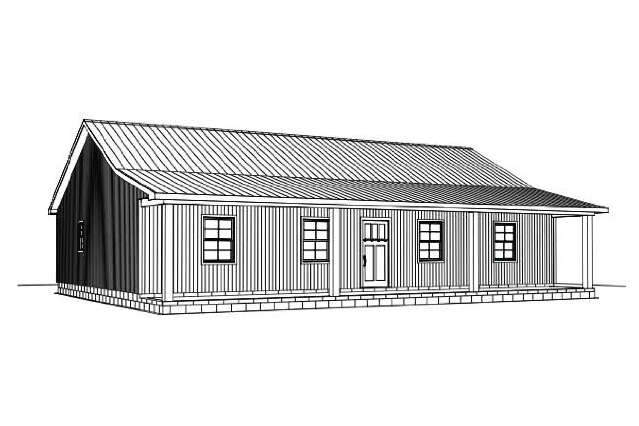 Black and white sketch of a barn-style house with a metal roof and porch.