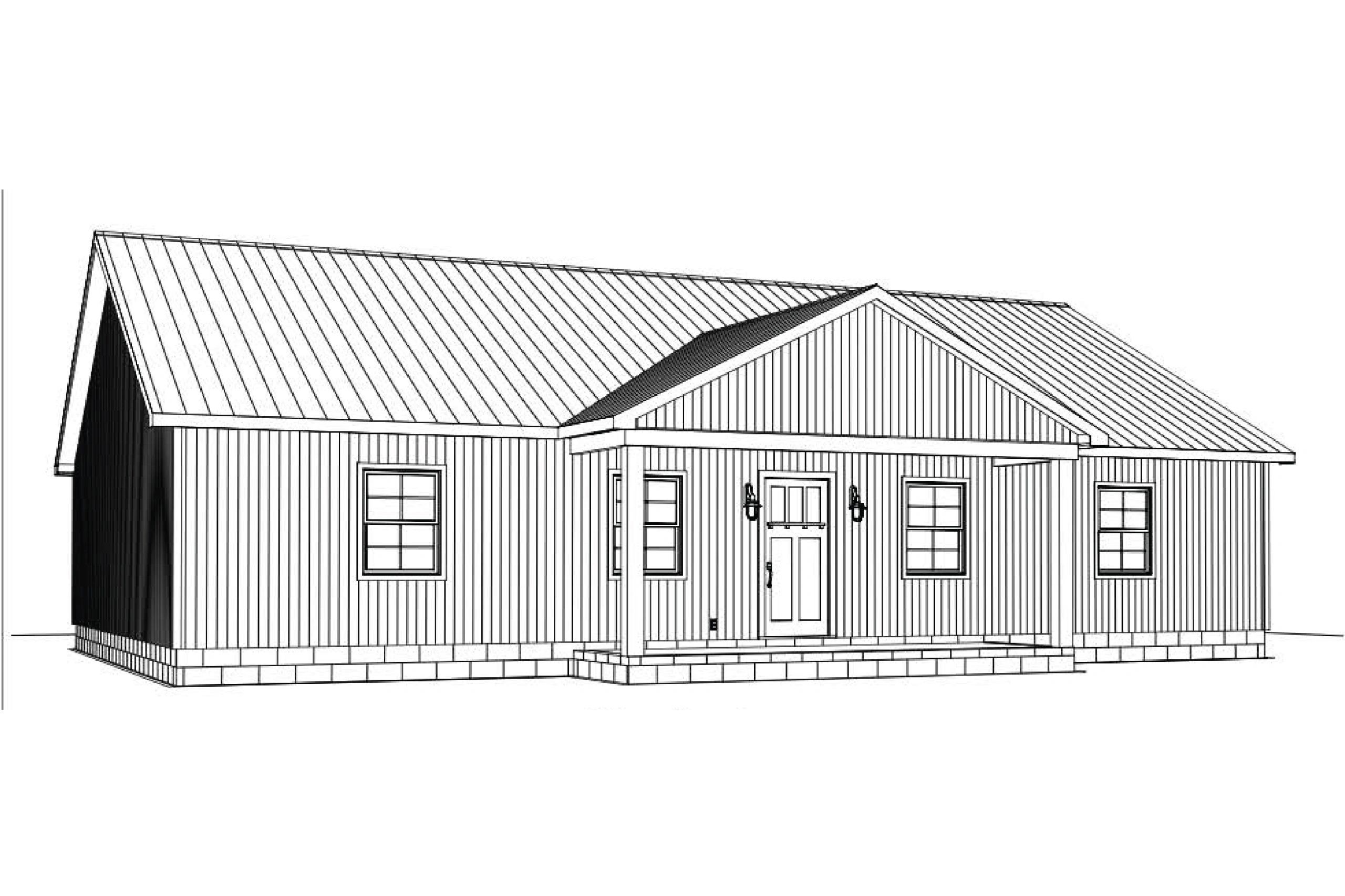 Black and white architectural sketch of a single-story house with a front porch.