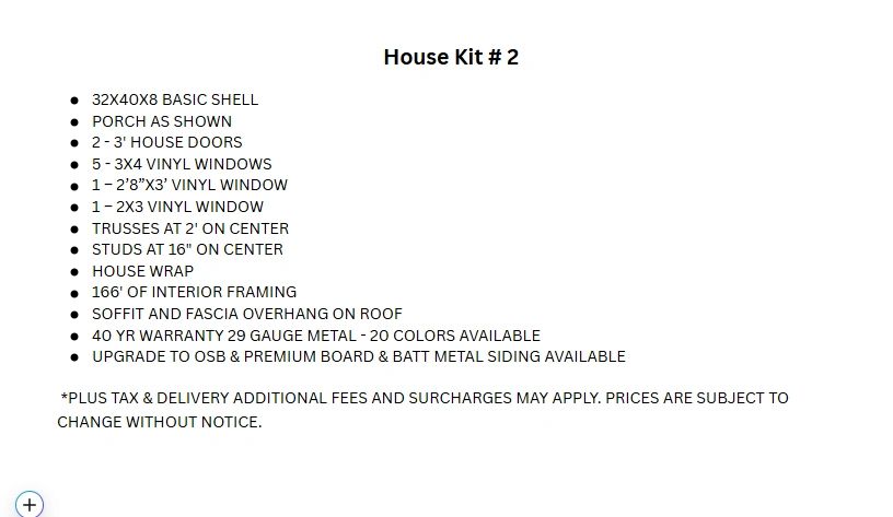 List of features and specifications for House Kit #2 including dimensions, windows, doors, and materials.