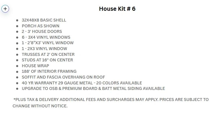 List of specifications for House Kit #6 construction details and features.