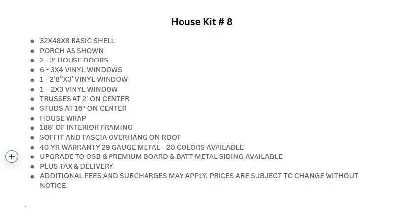 House Kit #8 details including dimensions, windows, doors, warranty, and optional upgrades.