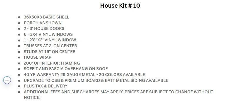 House Kit #10 specifications with dimensions, materials, and warranty details.