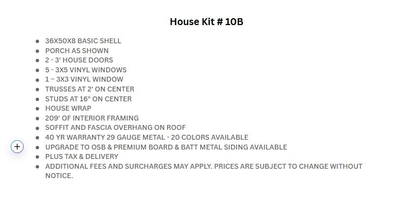 House Kit #10B details including dimensions, doors, windows, framing, and warranty.