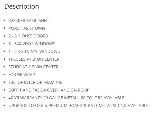 A detailed description of a 32x40x8 basic shell building with windows, doors, and construction features.