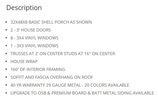 Description of a basic shell porch with doors, windows, framing, and metal siding options.
