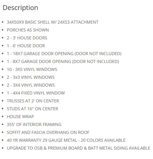 Detailed description of a building shell with dimensions, doors, windows, and construction features.