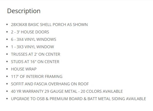 List of construction features and options for a basic shell porch and house framing.