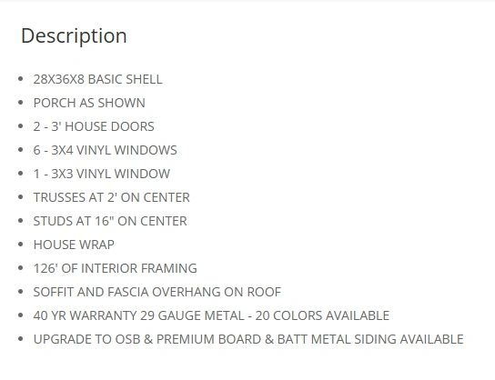 Construction description listing dimensions, materials, and features for a building project.