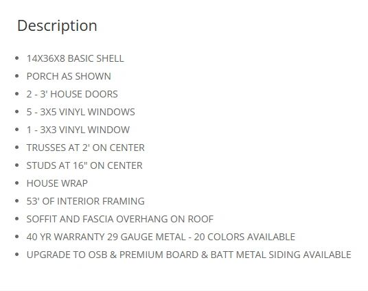 Text listing construction features and specifications for a basic shell structure.
