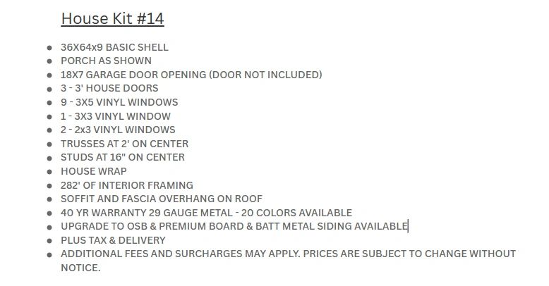 Specifications list for House Kit #14 including dimensions, doors, windows, framing, and materials.