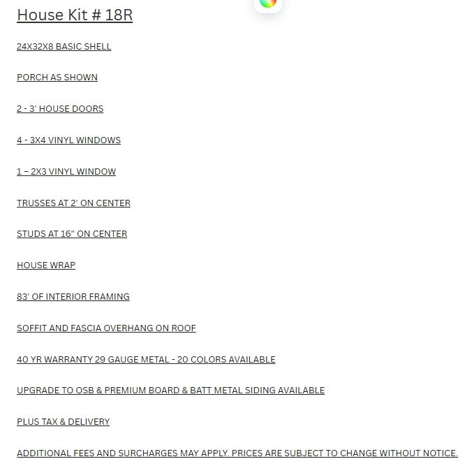 House Kit #18R includes shell, doors, windows, framing, roof details, and metal siding options.