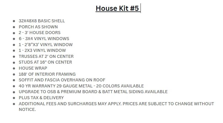 House Kit #5 includes basic shell, doors, windows, framing, metal siding, and warranty.