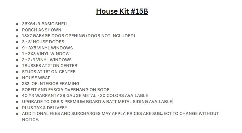 List of specifications for House Kit #15B with detailed construction features and warranty info.