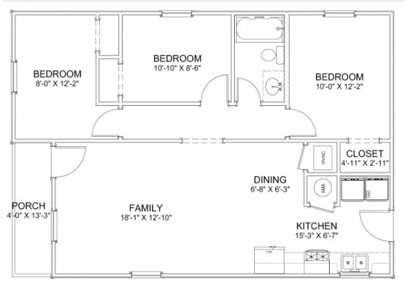 Floor plan with three bedrooms, family room, kitchen, dining area, porch, and closet.