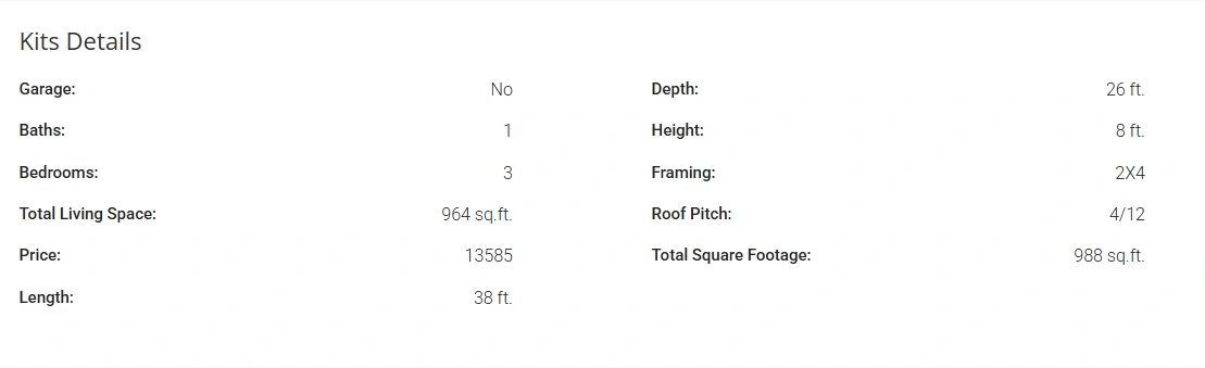 Home kit details with 3 bedrooms and 1 bath, covering 988 sq.ft.