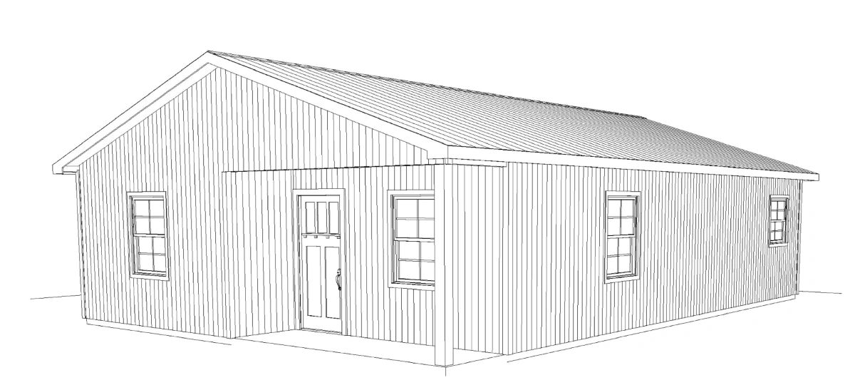 Black and white line drawing of a simple single-story house with vertical siding.