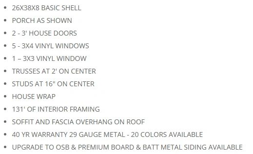 Building specifications listing materials and features for a shell structure.