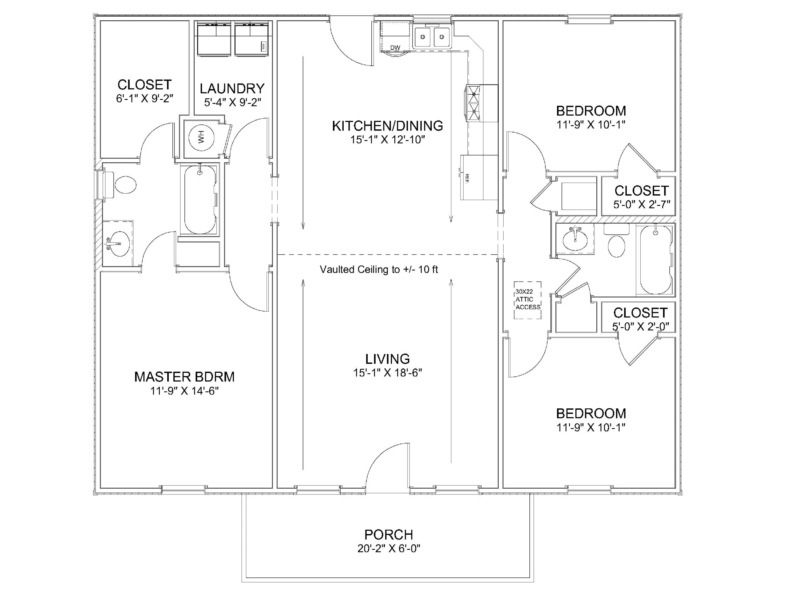 Detailed floor plan of a two-bedroom house with living, kitchen/dining, laundry, and porch areas.