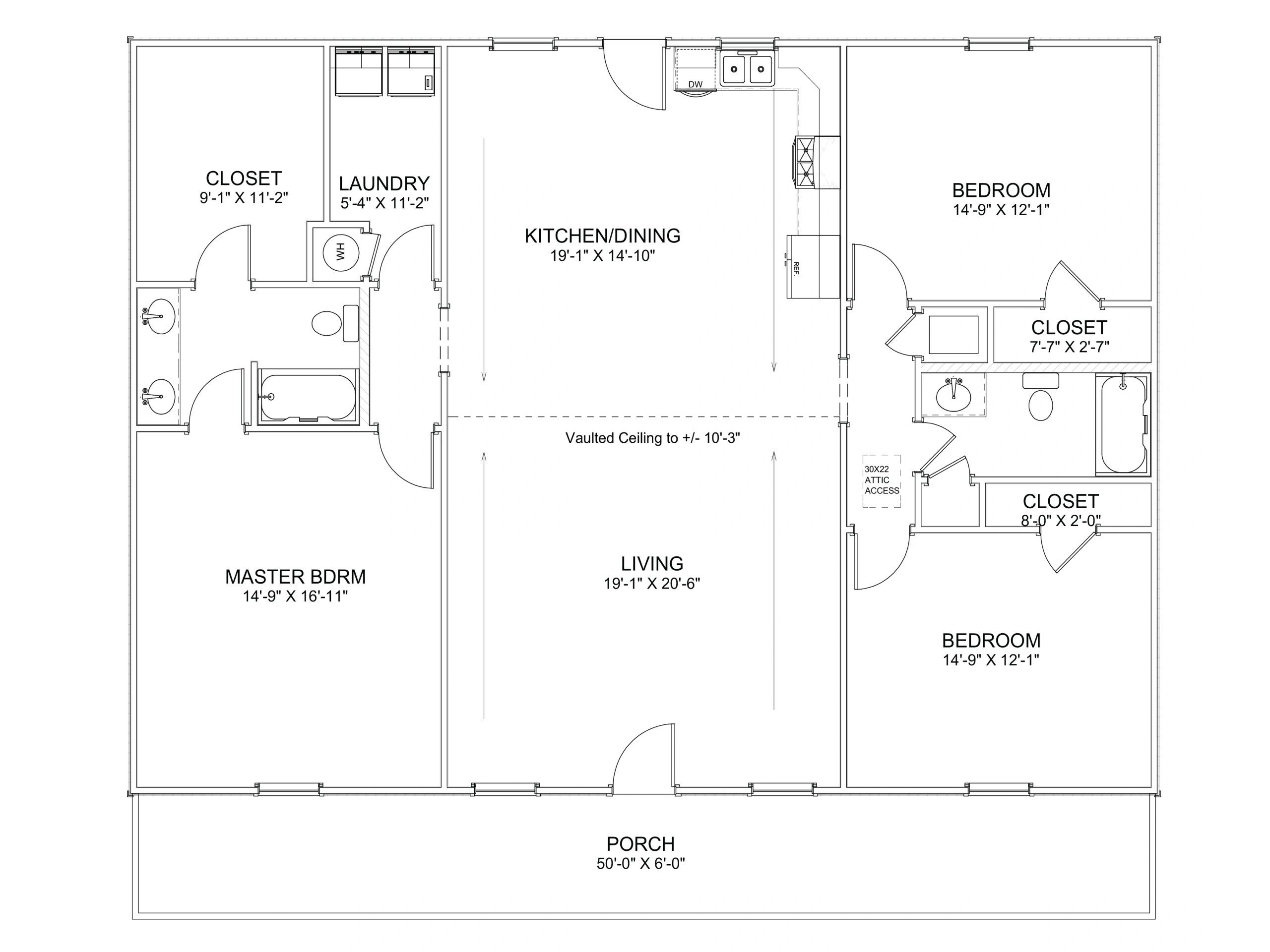 Floor plan showing bedrooms, closets, kitchen, living area, laundry, and porch layout.