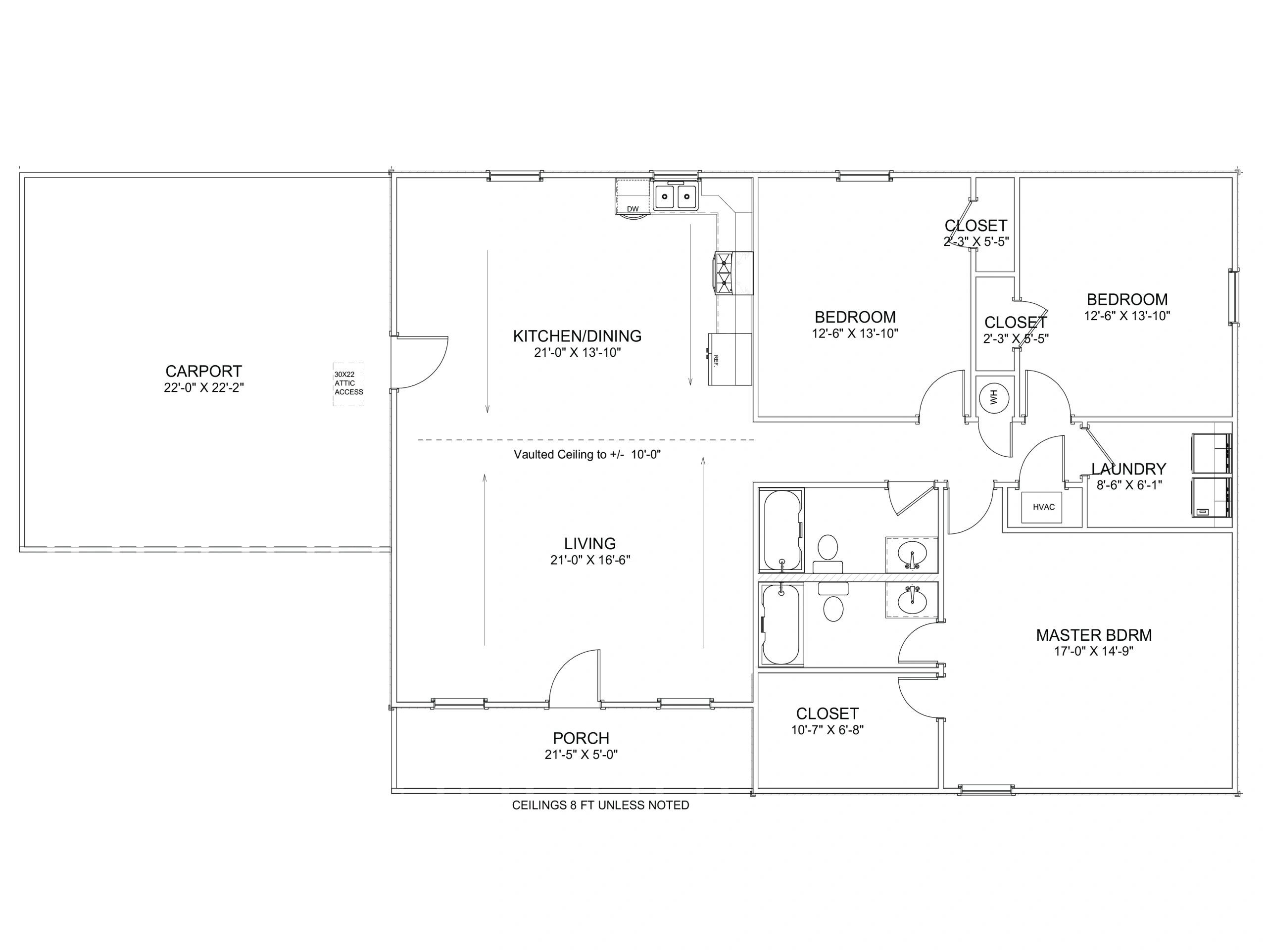 Floor plan showing living, kitchen/dining, bedrooms, closets, laundry, porch, and carport areas.