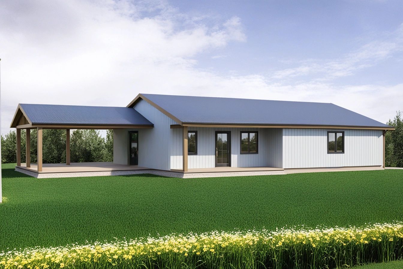 Modern single-story house with a spacious covered porch and metal roof.