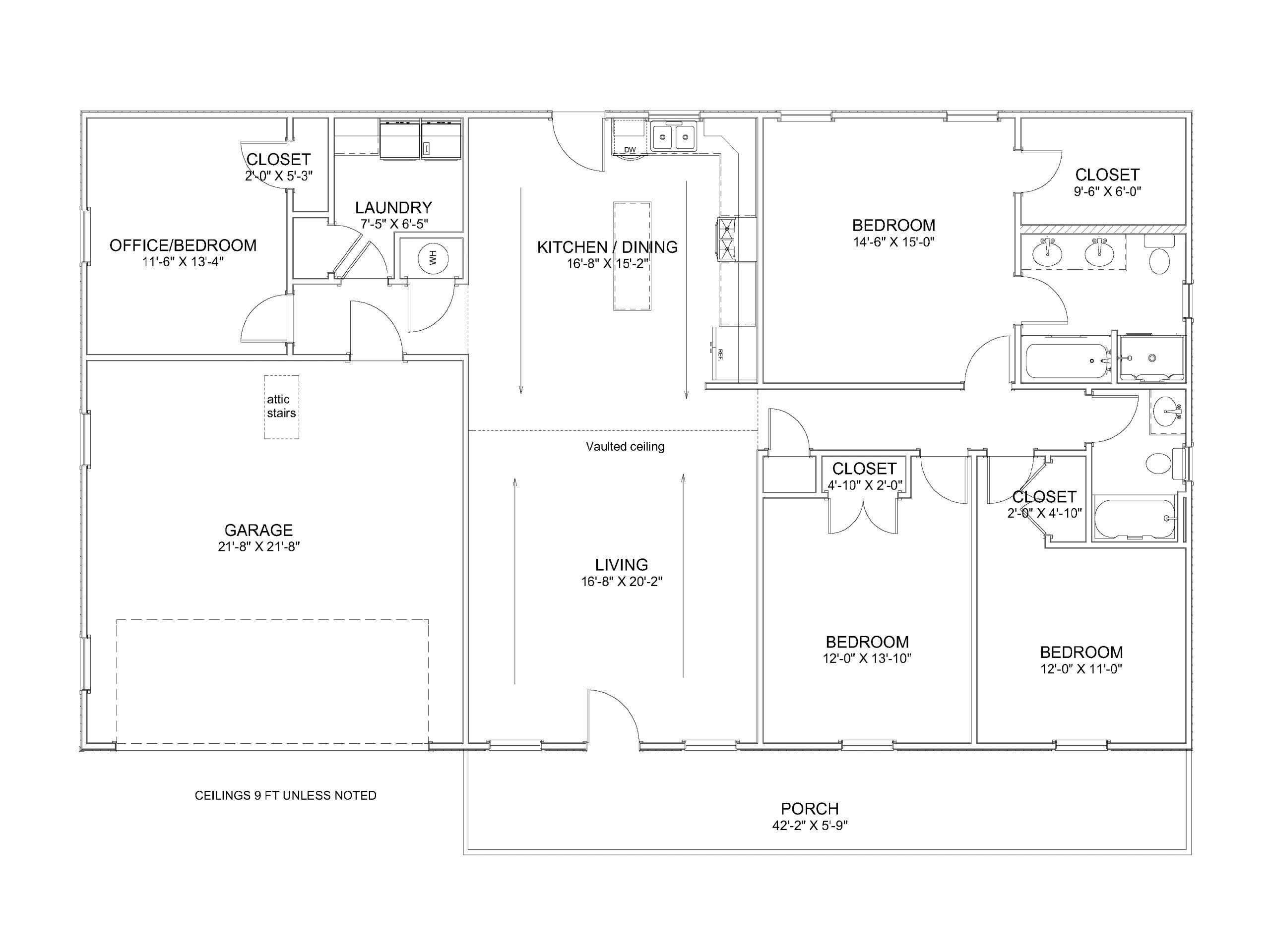 Floor plan showing bedrooms, kitchen, living area, laundry, garage, and closets.