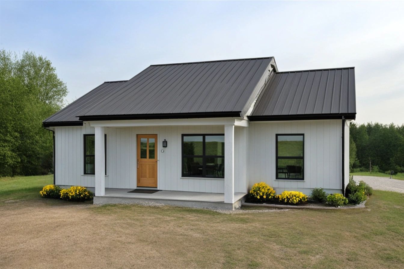 Modern white house with black roof and yellow flowers in front yard.