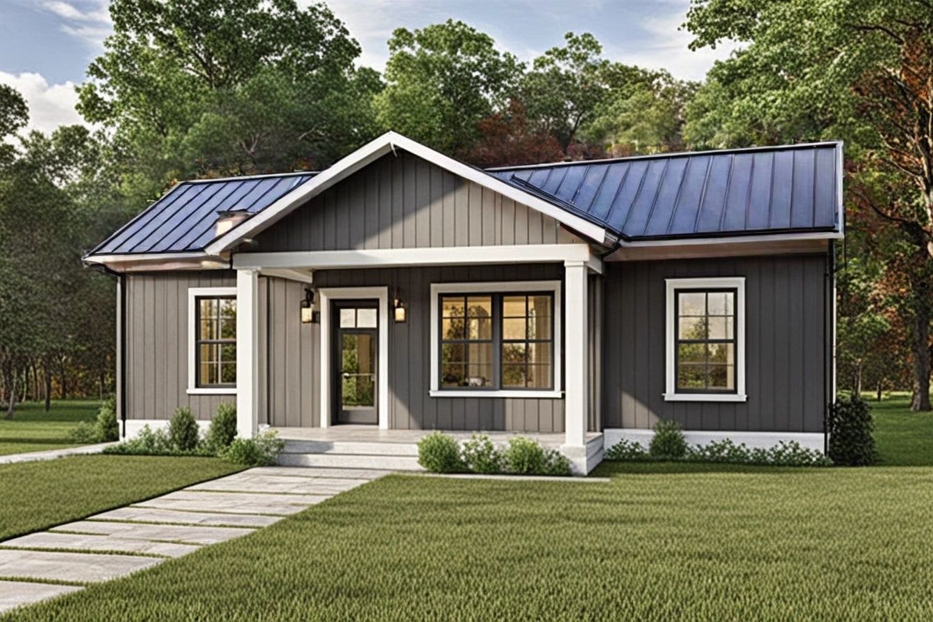 Modern grey house with white trim and metal roof surrounded by greenery.