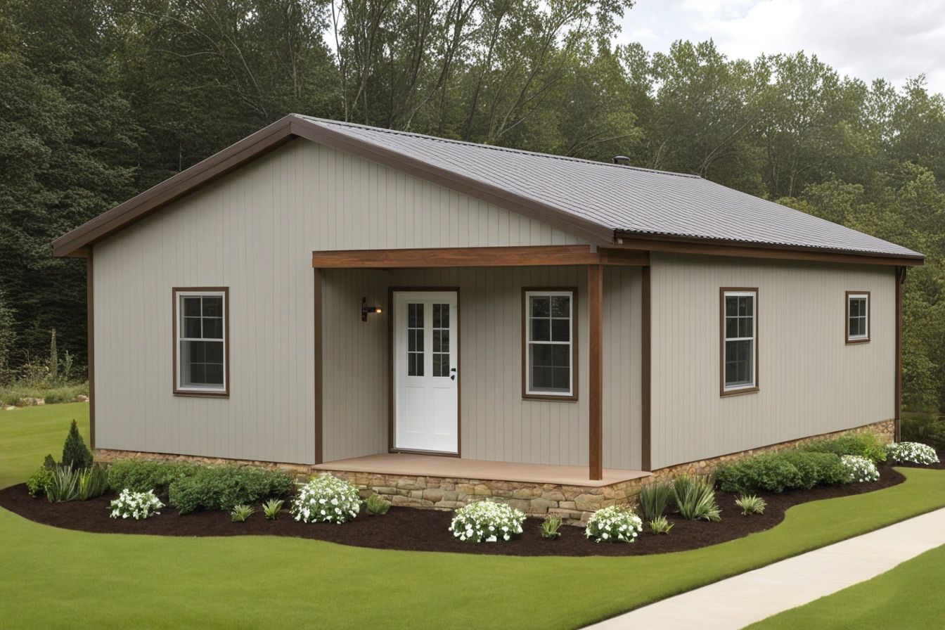 Modern single-story house with beige siding and a small porch surrounded by greenery.