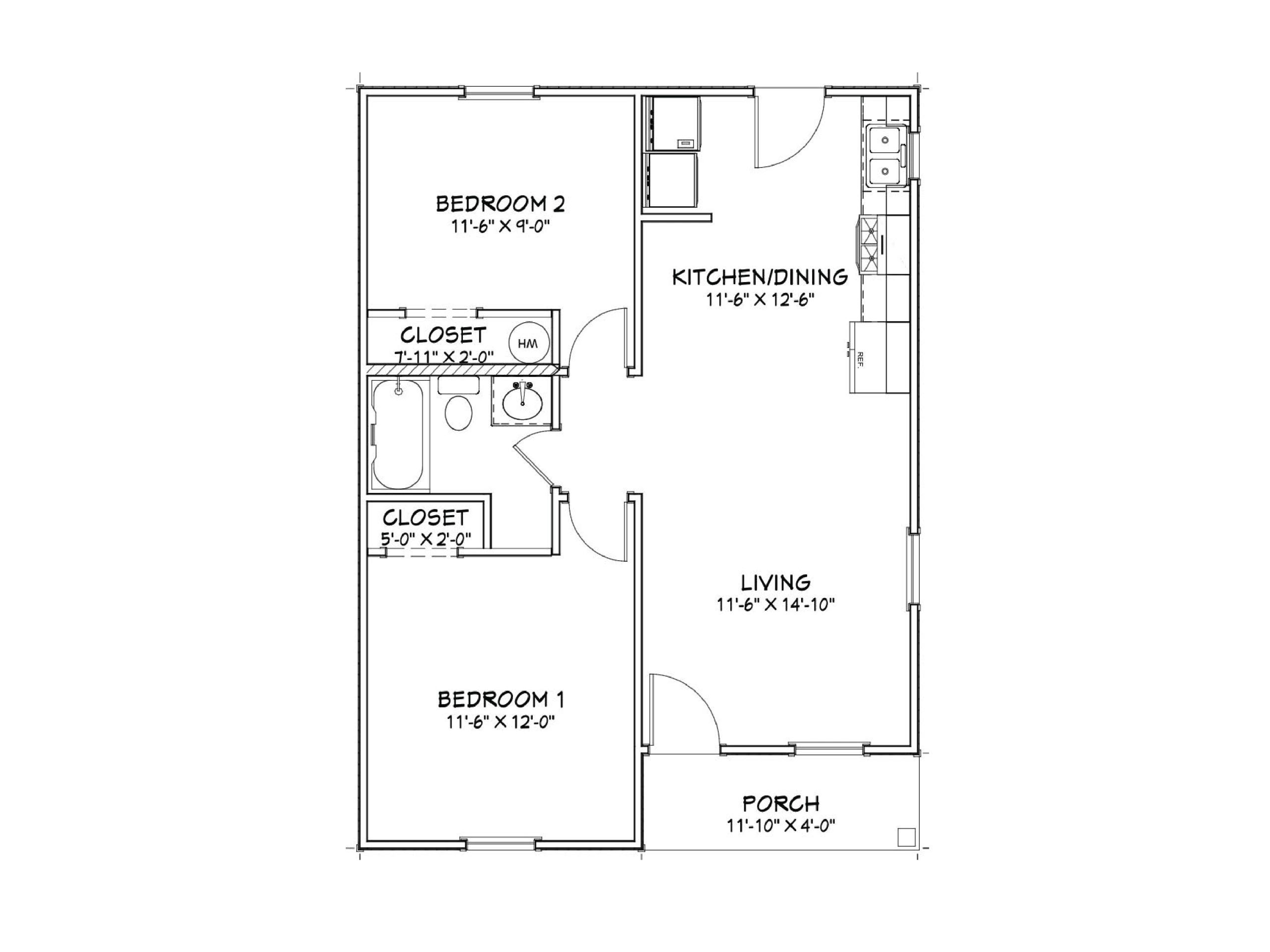Floor plan of a two-bedroom apartment with kitchen, living room, and porch.