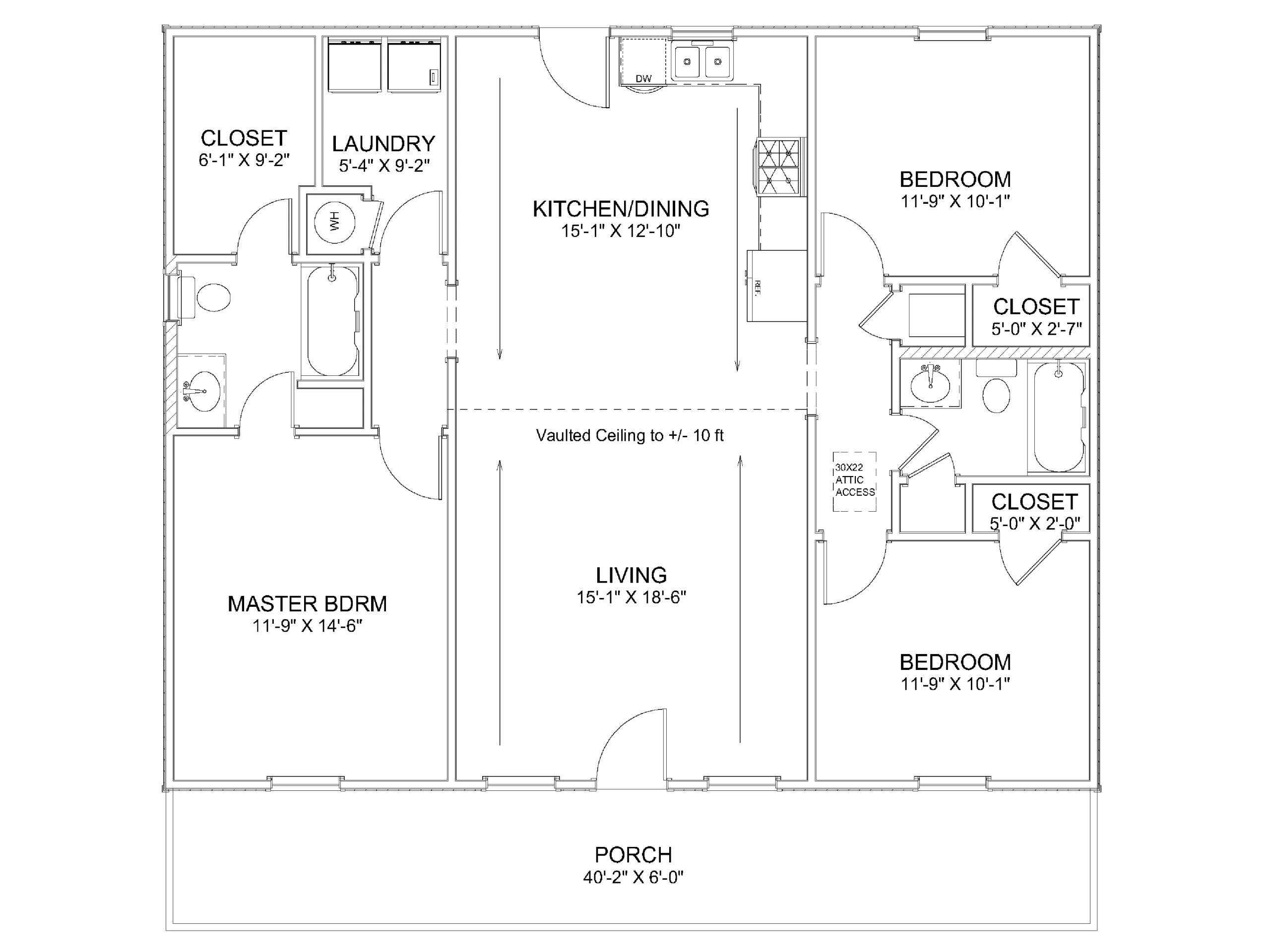 Floor plan showing a layout of a house with living, kitchen/dining, bedrooms, closets, laundry, and porch areas.