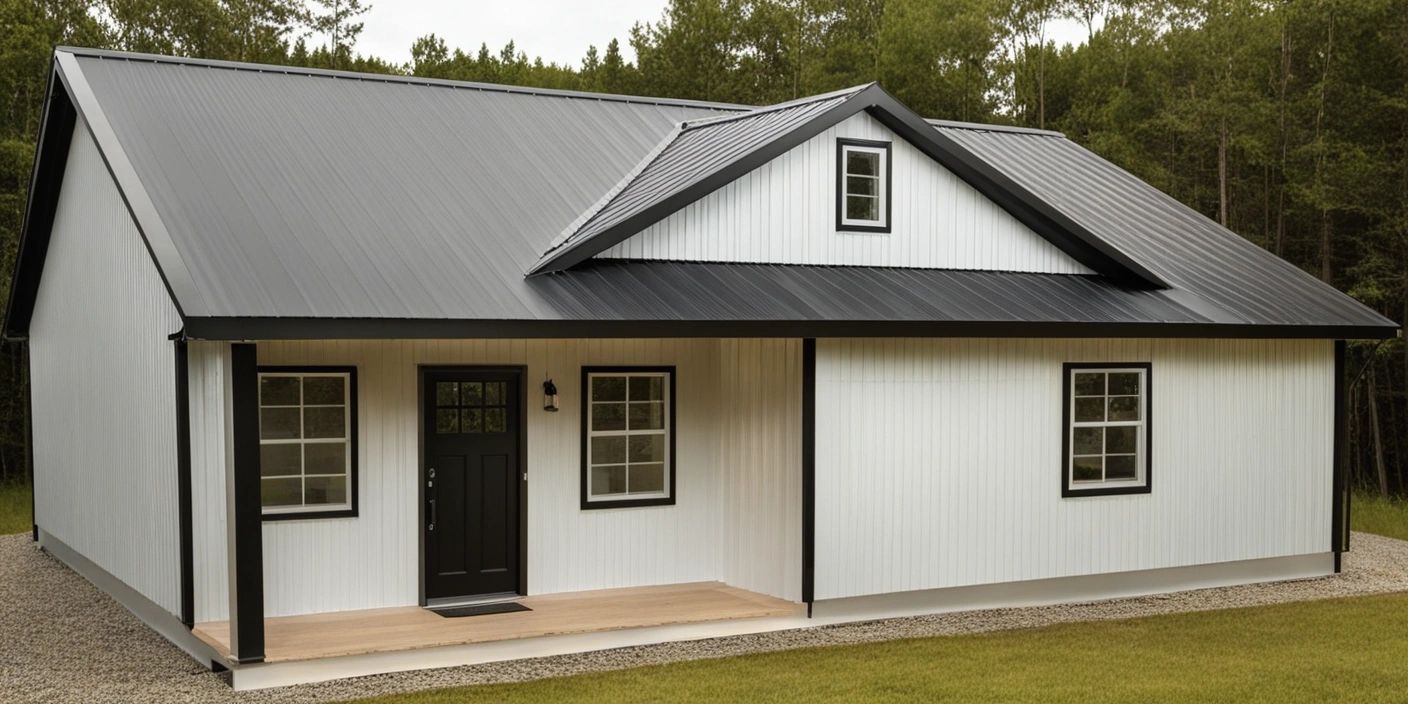Modern white house with black roof and trim surrounded by greenery.