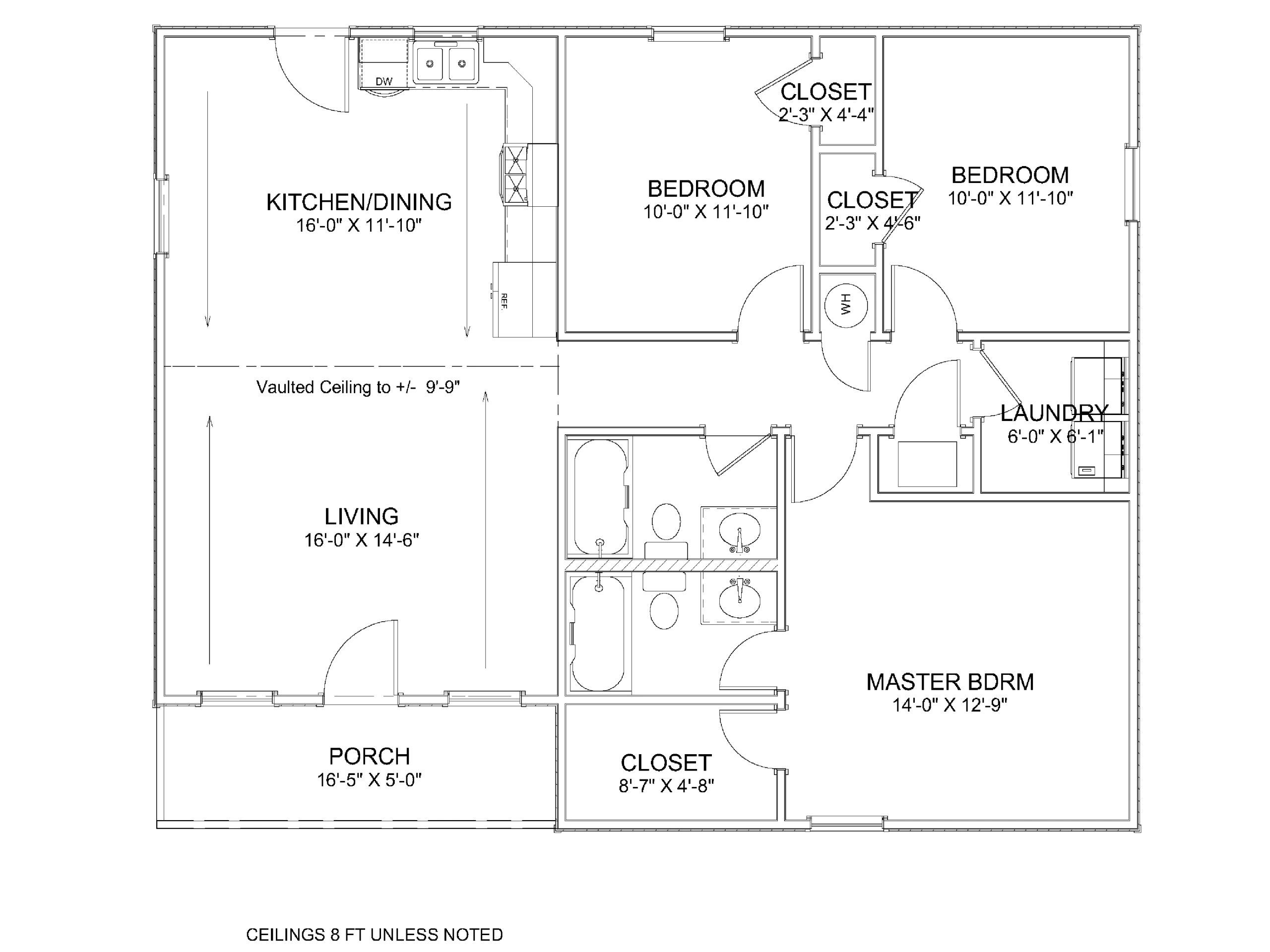 Architectural floor plan showing rooms and dimensions including kitchen, bedrooms, living area, and porch.