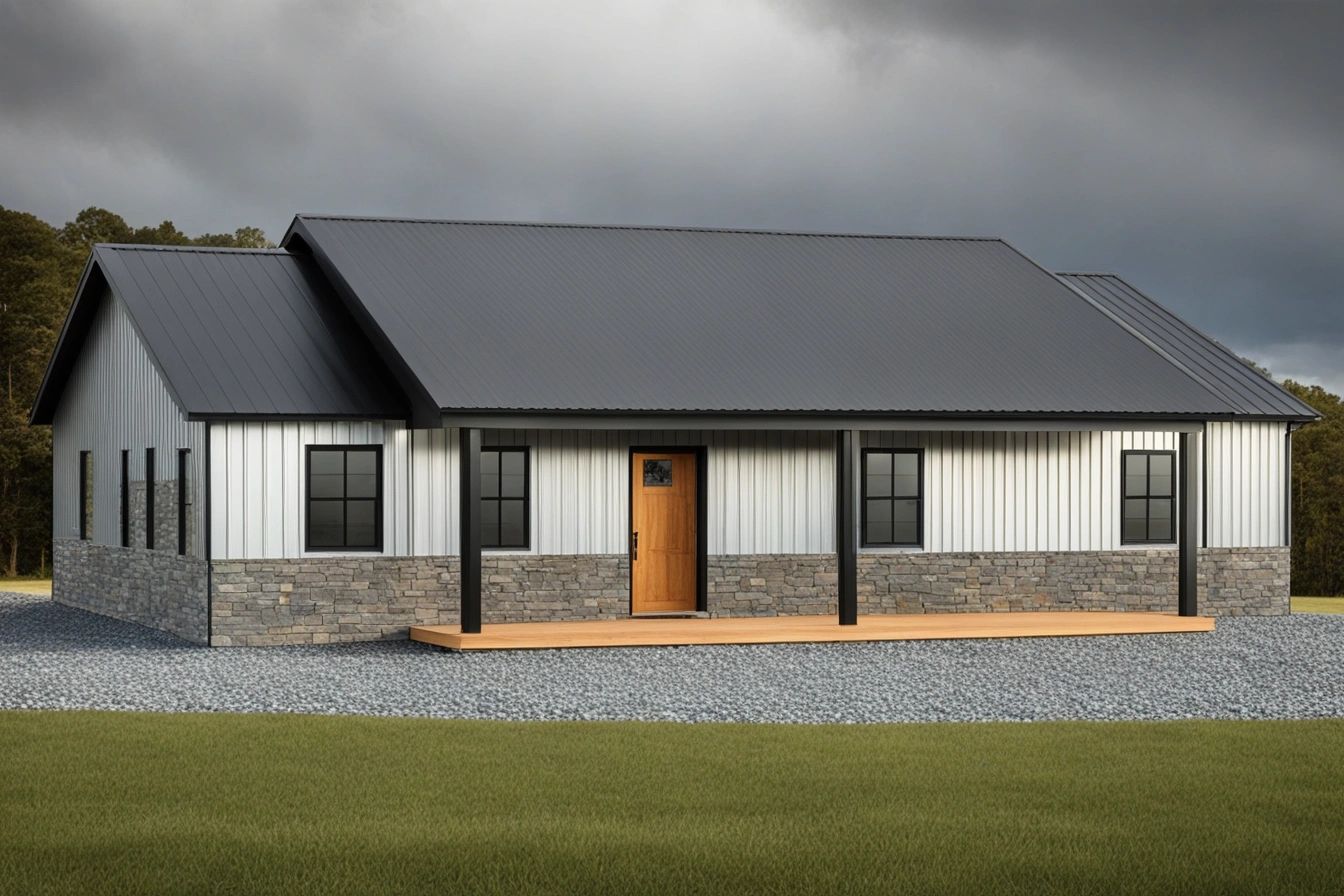Modern farmhouse with stone and metal exterior under a cloudy sky.