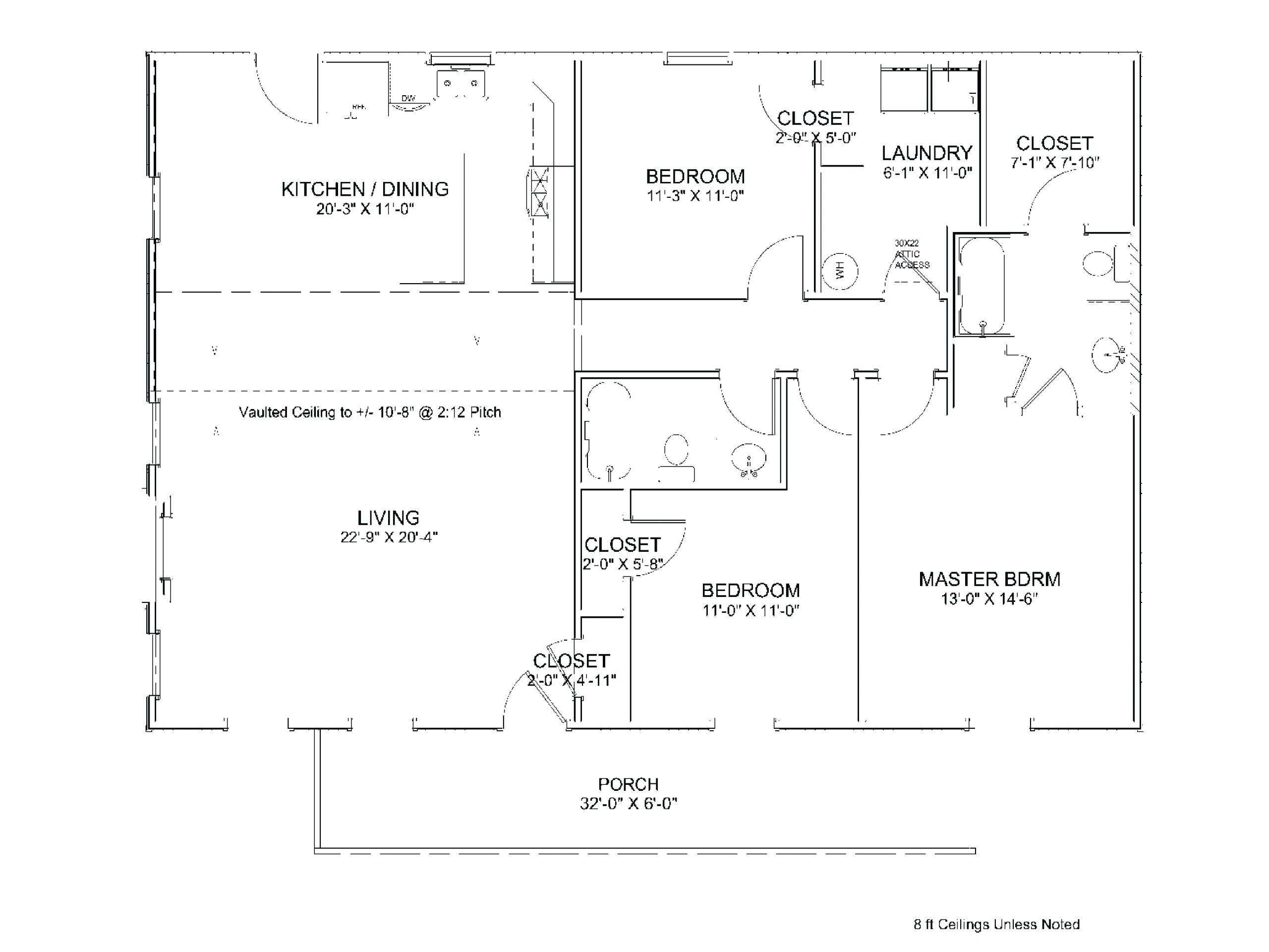 Floor plan showing kitchen, dining, living, bedrooms, closets, laundry, and porch.