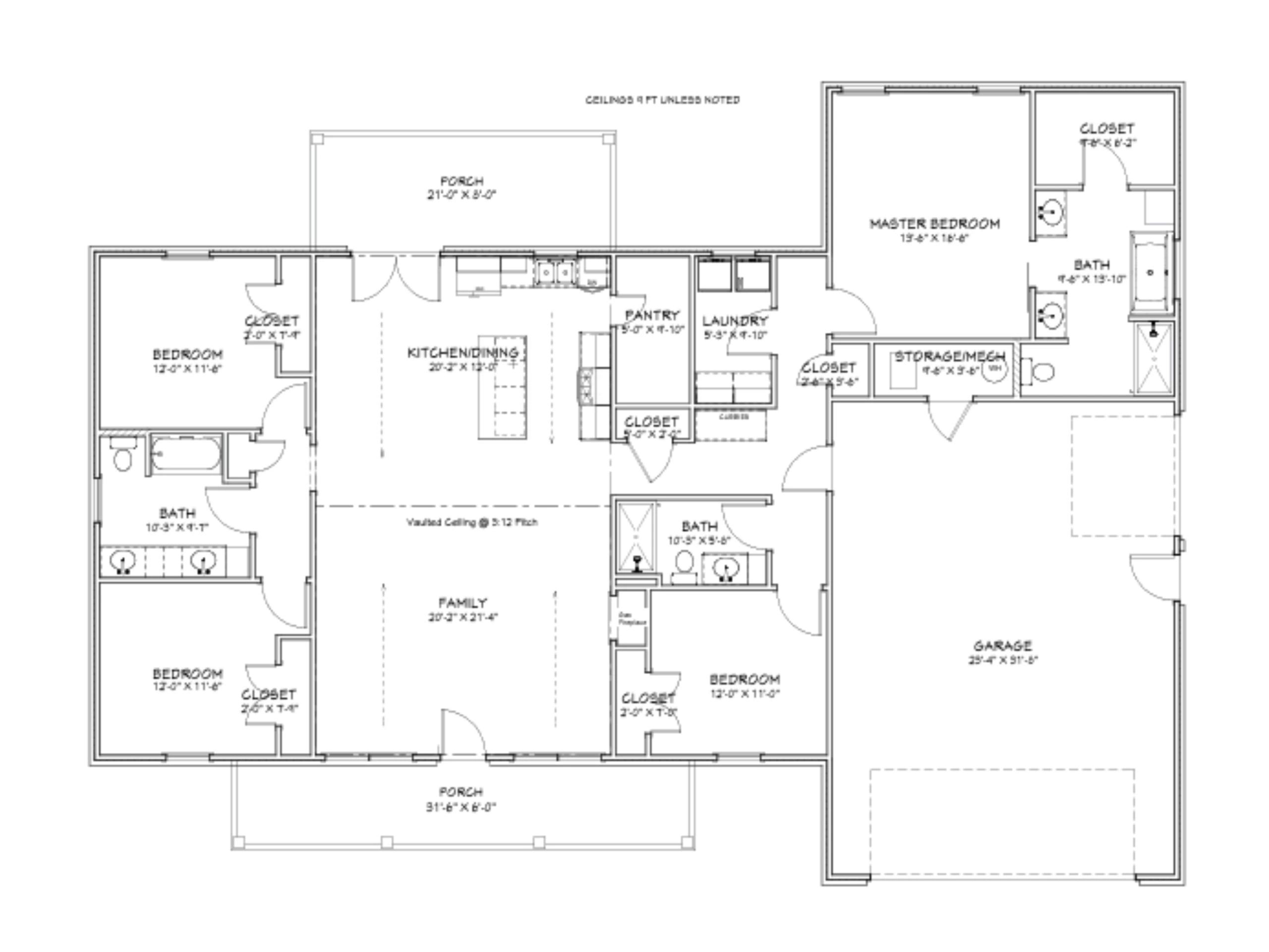 Detailed house floor plan showcasing bedrooms, bathrooms, kitchen, family room, laundry, and garage layout.