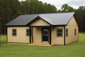 Small beige house with black trim and metal roof in a grassy clearing.