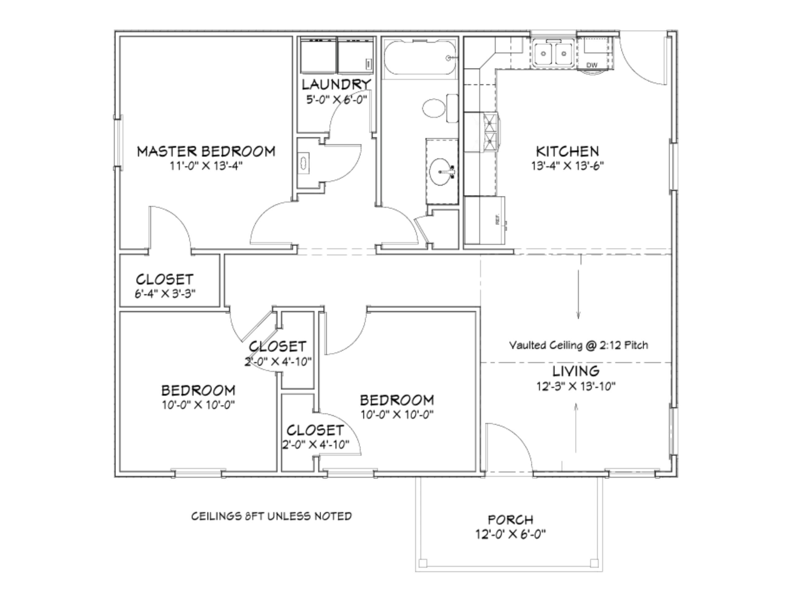 Floor plan showing master bedroom, two additional bedrooms, kitchen, living, laundry, and porch.