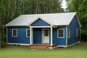 Small blue house with white trim surrounded by trees.