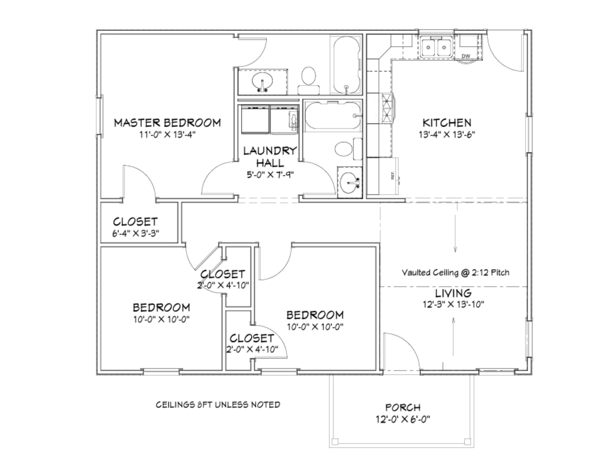 Floor plan showing master bedroom, two bedrooms, kitchen, living room, closets, laundry hall, and porch.