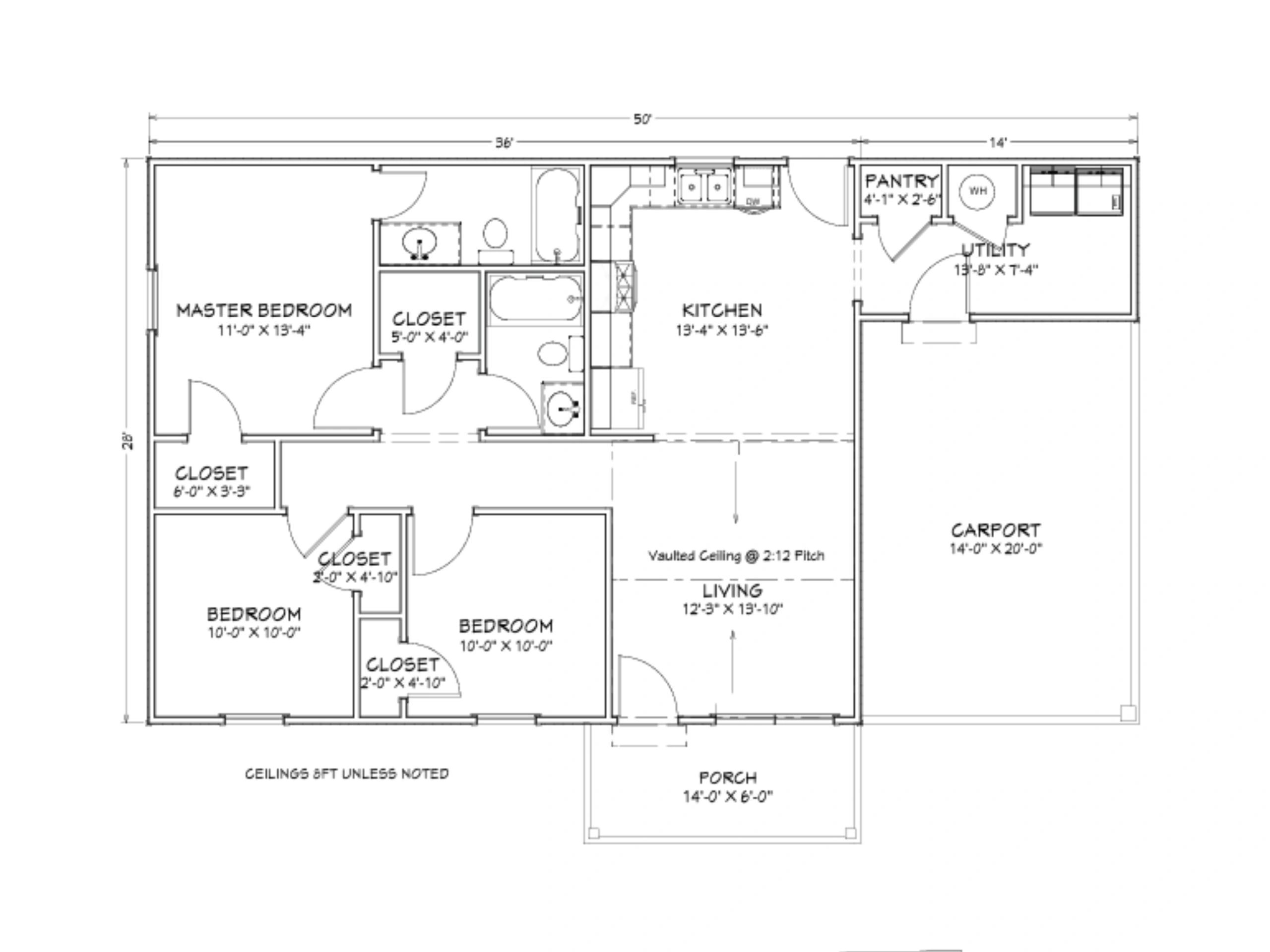 Floor plan showing a three-bedroom house with kitchen, living area, pantry, utility room, and carport.