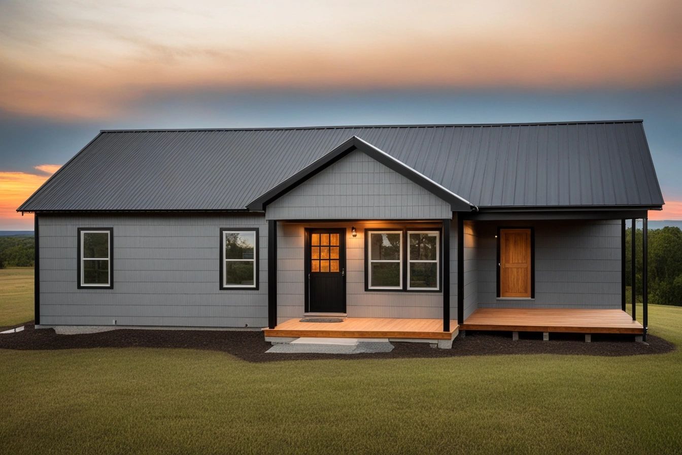 Modern gray house with black roof at sunset in a grassy field.