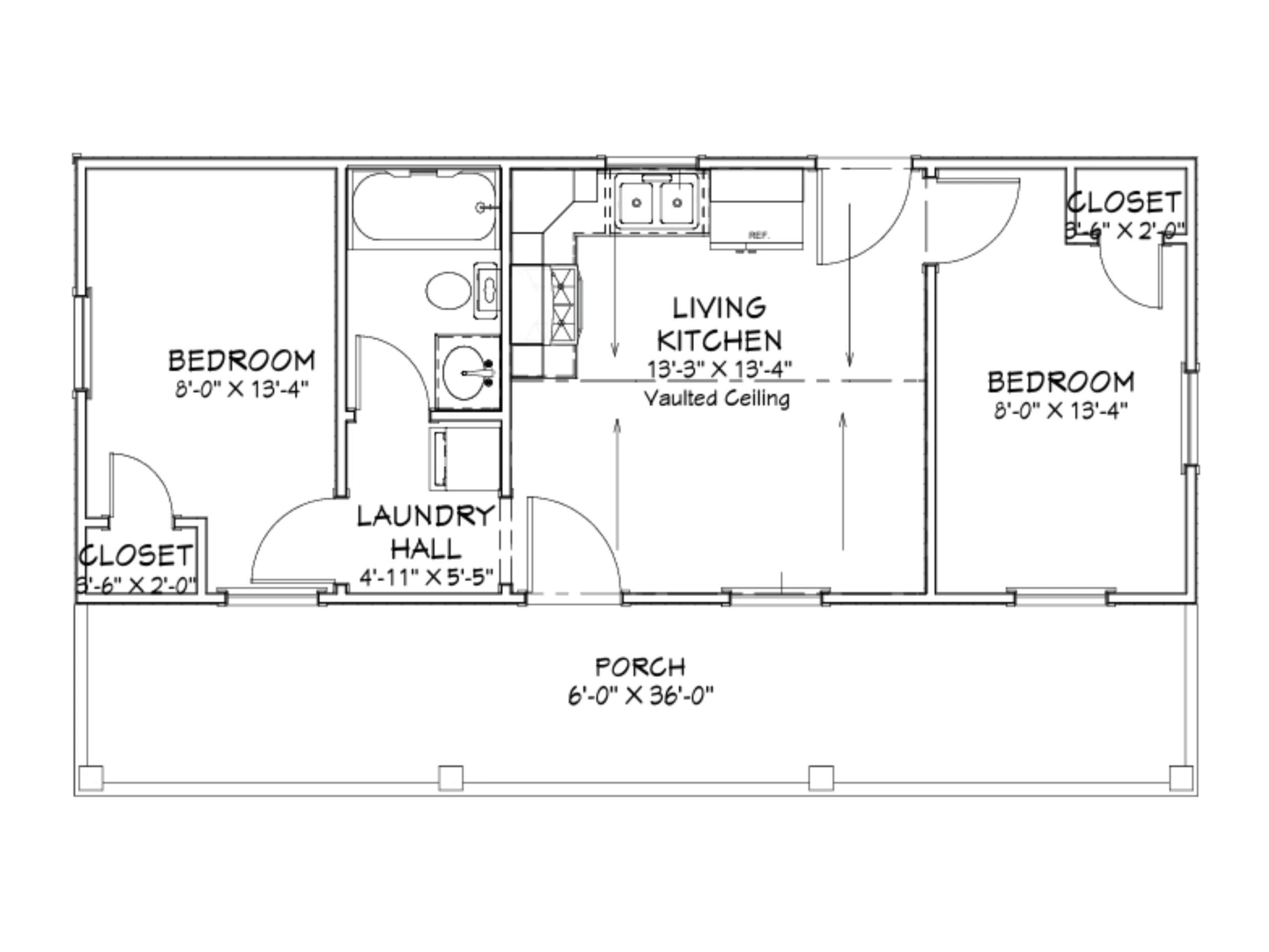 Floor plan showing two bedrooms, a living kitchen, laundry hall, and porch.