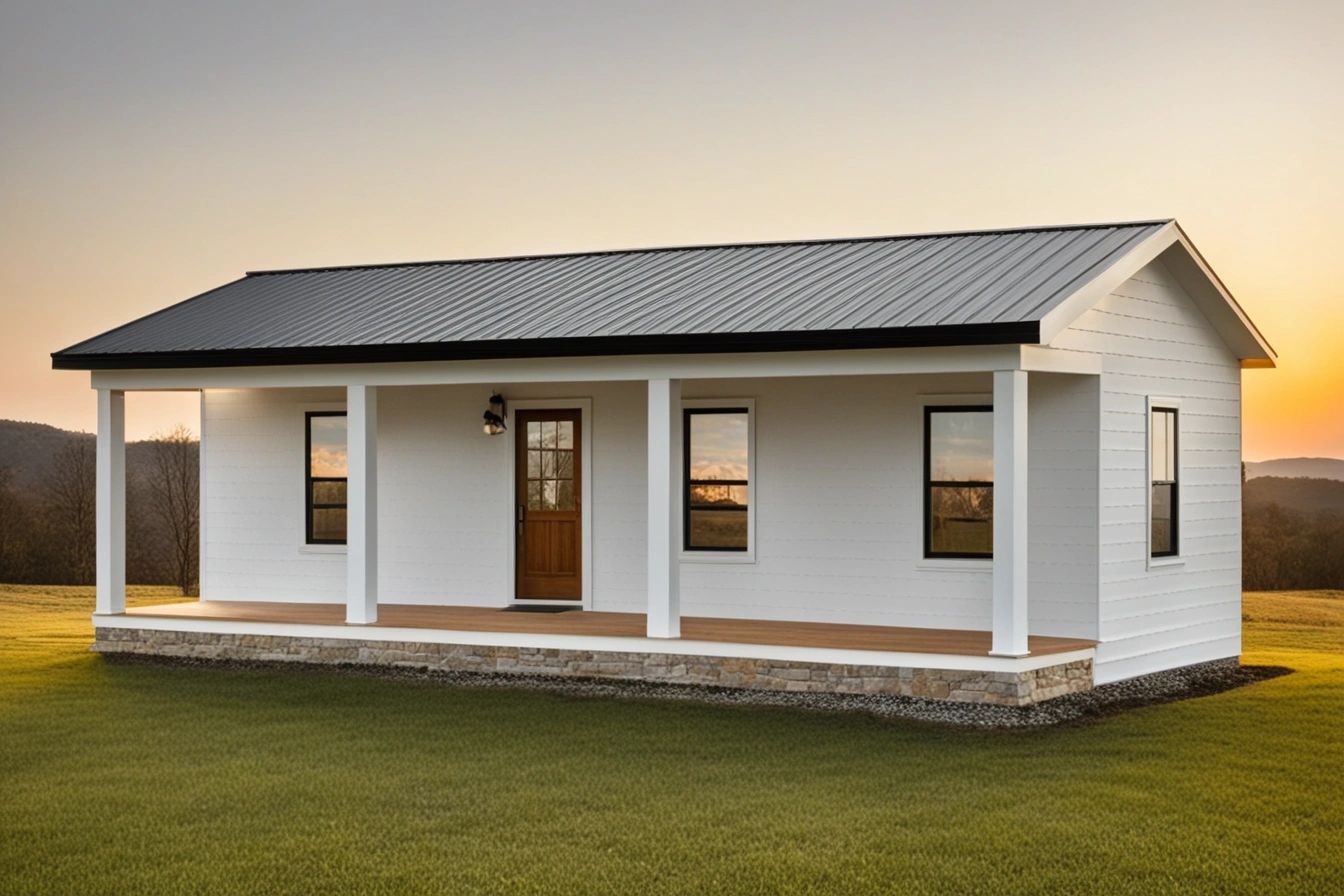 A small white house with a porch at sunset in a grassy field.
