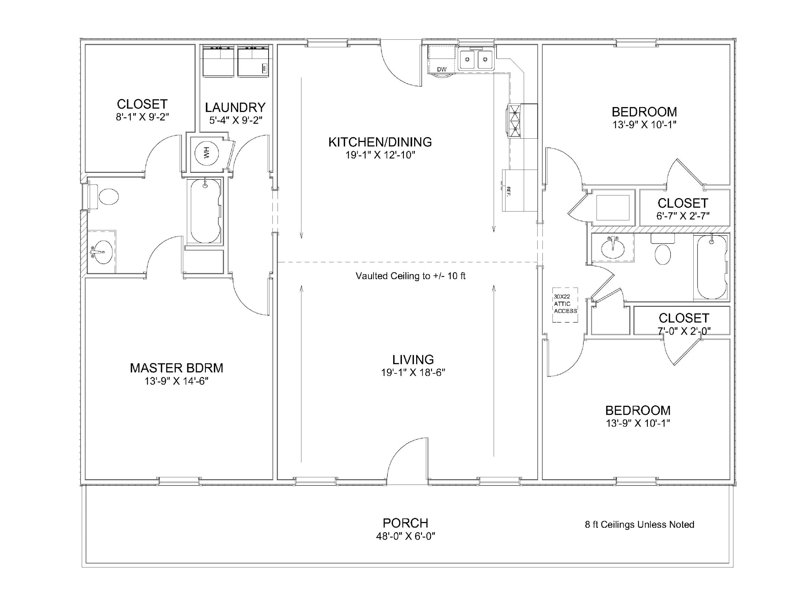 Floor plan showing kitchen, living room, bedrooms, closets, laundry, and porch areas.