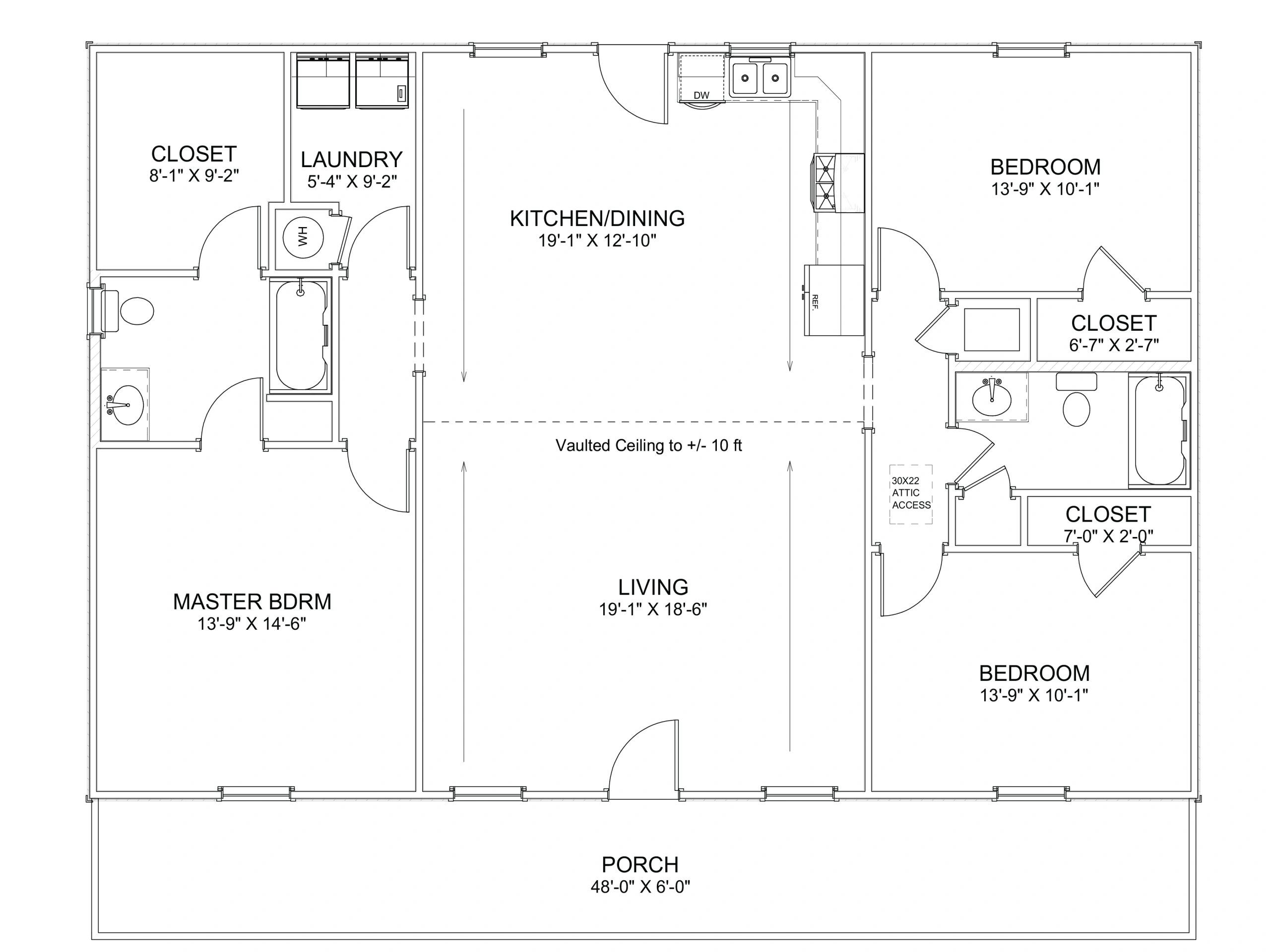 Floor plan showing bedrooms, living area, kitchen, laundry, closets, and porch.