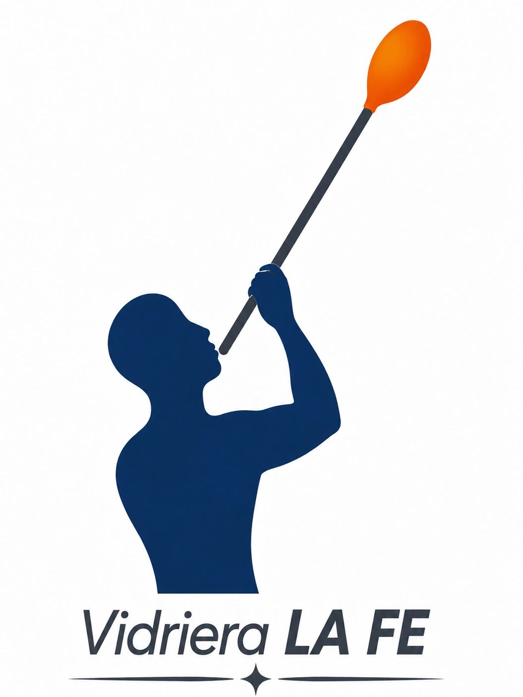 Silhouette of a person blowing glass with an orange balloon, Vidriera LA FE logo.