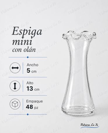 Mini glass vase with ruffled edge, 13 cm tall, 5 cm wide.